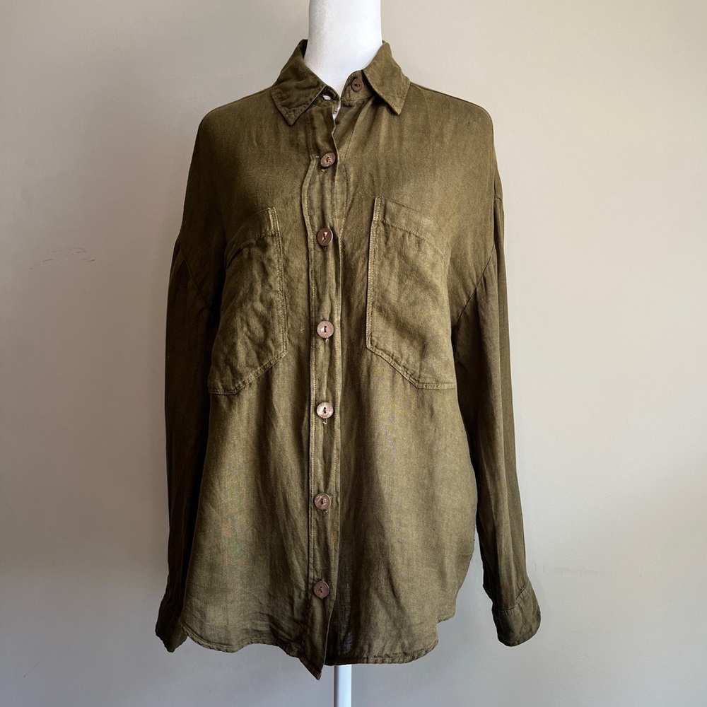 Zara Women’s Small Khaki Green Oversized Notched Collar Shirt